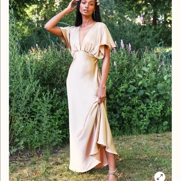 Free People Beatrice Dress in Warm Sand gold satin boho - Picture 3 of 8